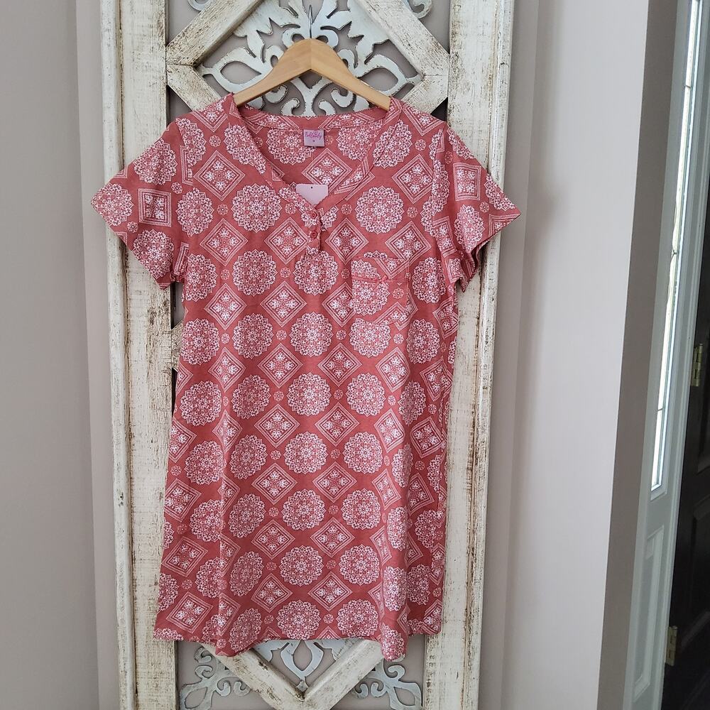 Pink Laundry Cottagecore Pink Damask Cotton Short Sleeve Sleep Shirt Nightgown S